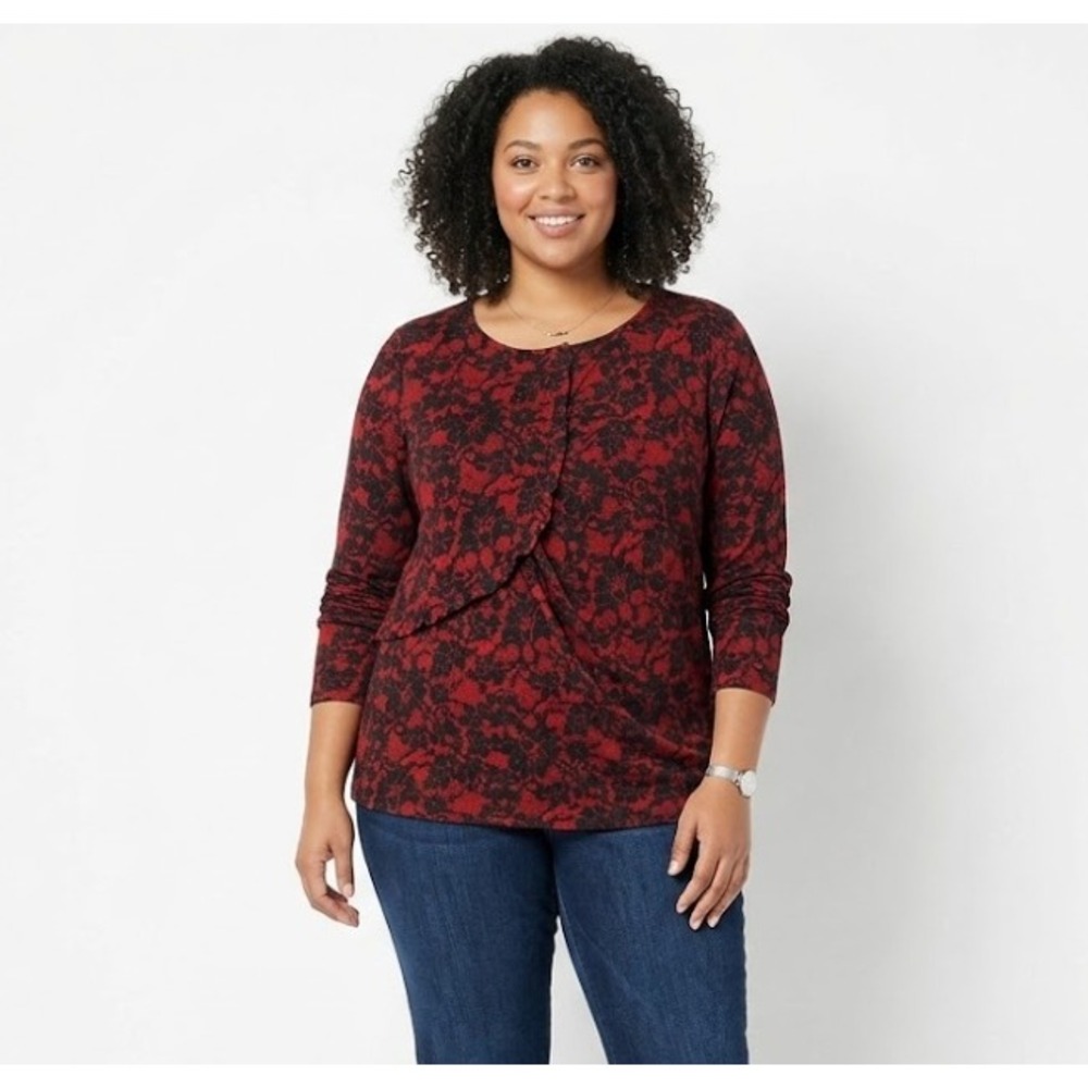 Michael Michael Kors‎ Top XL Red Black Floral Ruffle Pleated Detail Stretch Knit